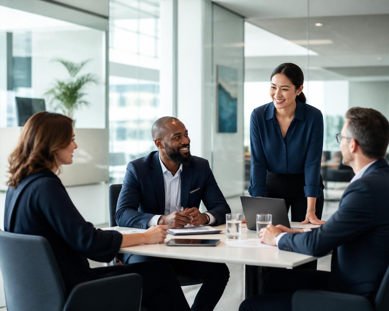 Diverse business team collaborating in a bright modern office