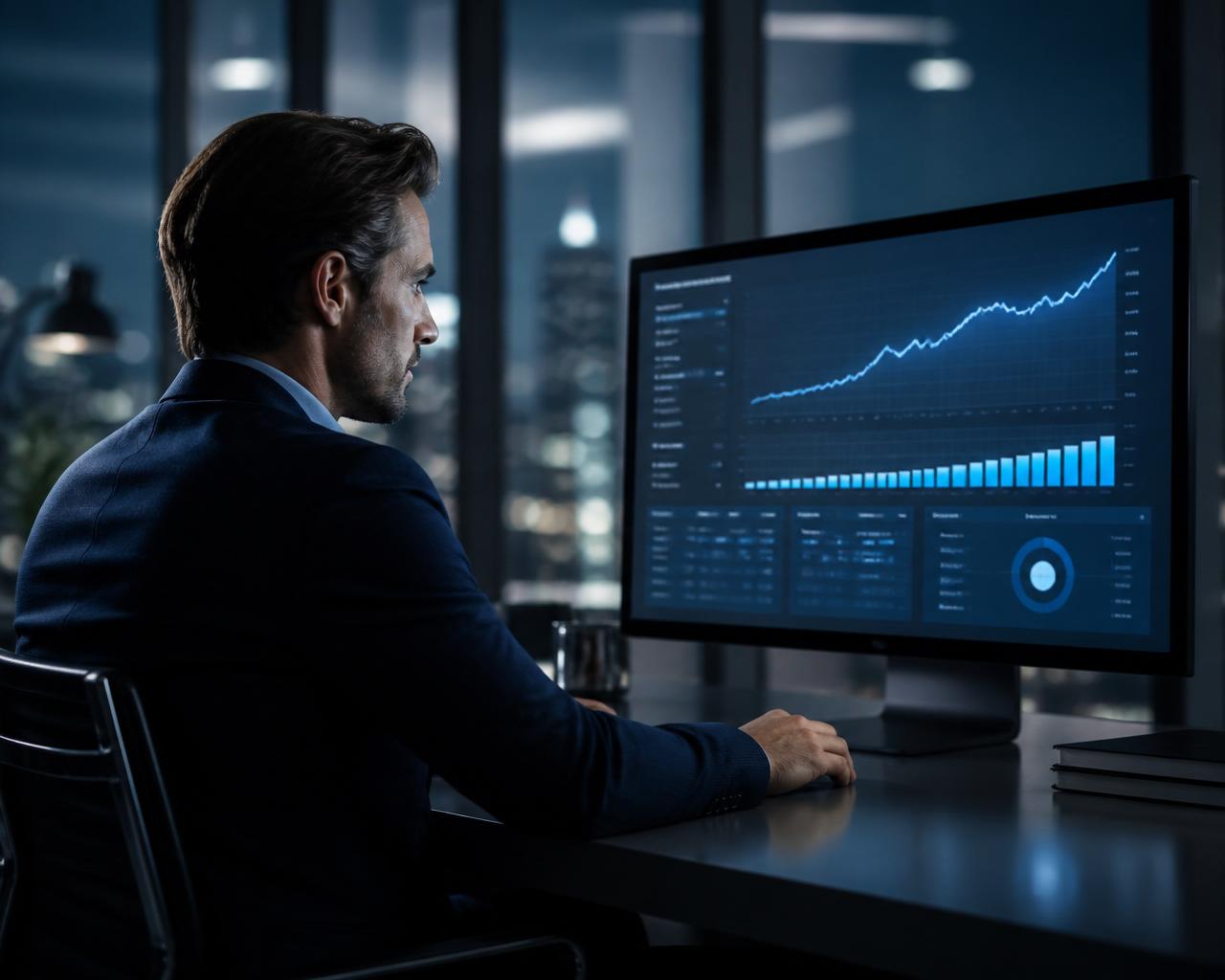 Business owner reviewing rising performance analytics on a dashboard